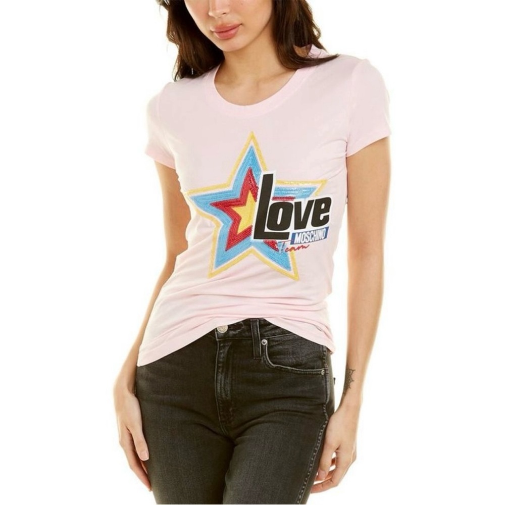 LOVE MOSCHINO Pink Sequin Star Graphic Love T-Shirt Size 8 US NWOT